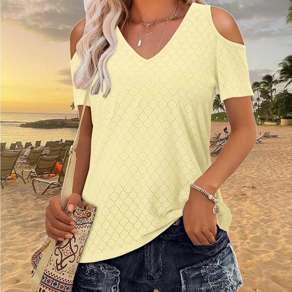 Eyelet V-Neck Short Sleeve Cold Shoulder Blouse